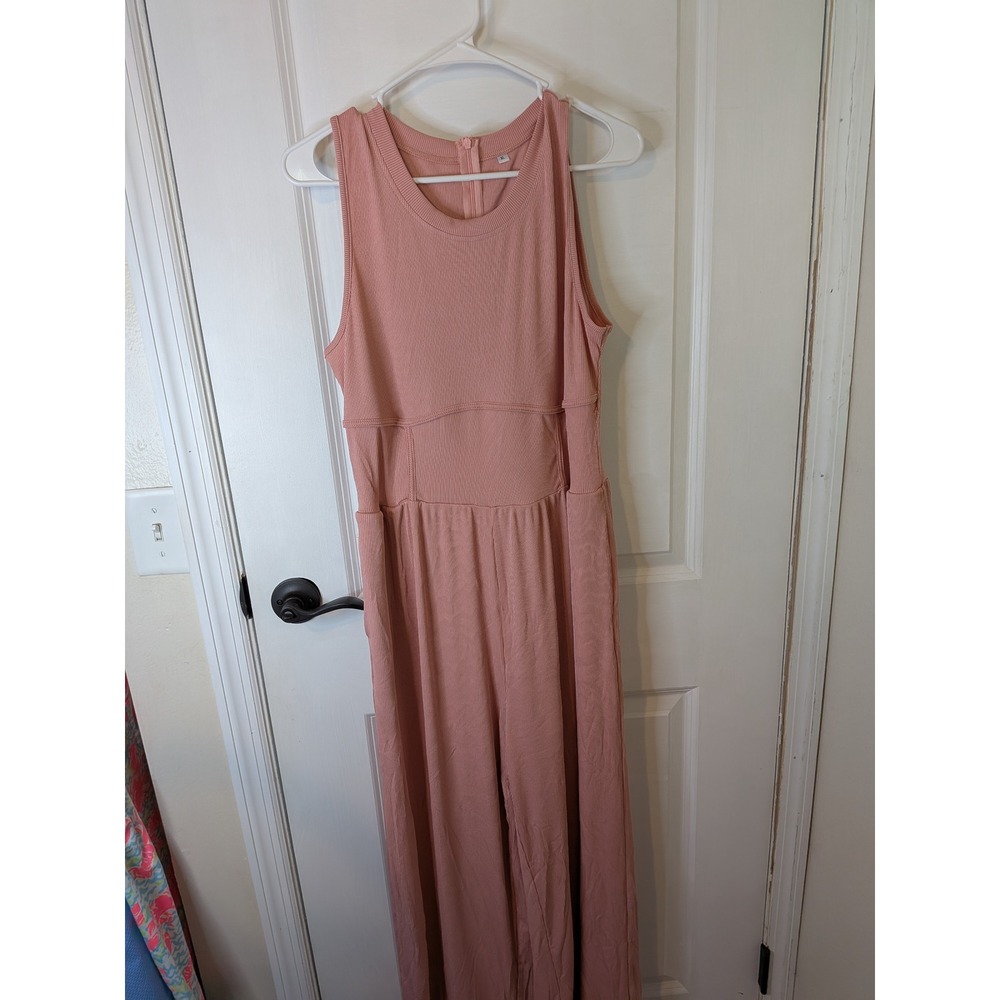 Womens Ribbed Knit Wide Leg Jumpsuit Sleeveless Dusty Rose Pink XL Sleeveless